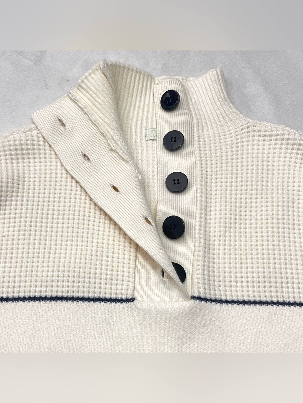 Vita Grace Cream and Navy Soft Thick Button Up Neck Waffle Sweater Women's Top - Picture 11 of 16